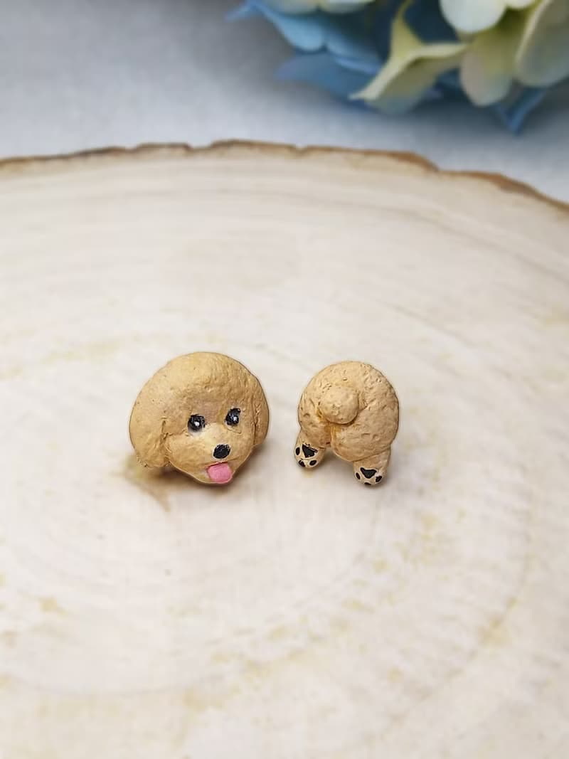 全手制 杏色 吐舌貴賓犬 貴婦狗 耳釘/耳夾