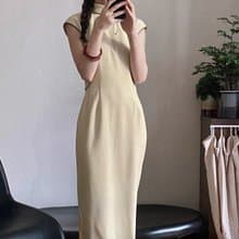 新中式復古 鵝黃撞色鑲邊改良旗袍