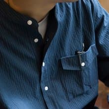 SHIRT 藍綠配色泡泡紗質感襯衫 寬鬆套頭舒適休閒條紋輕薄長袖衫