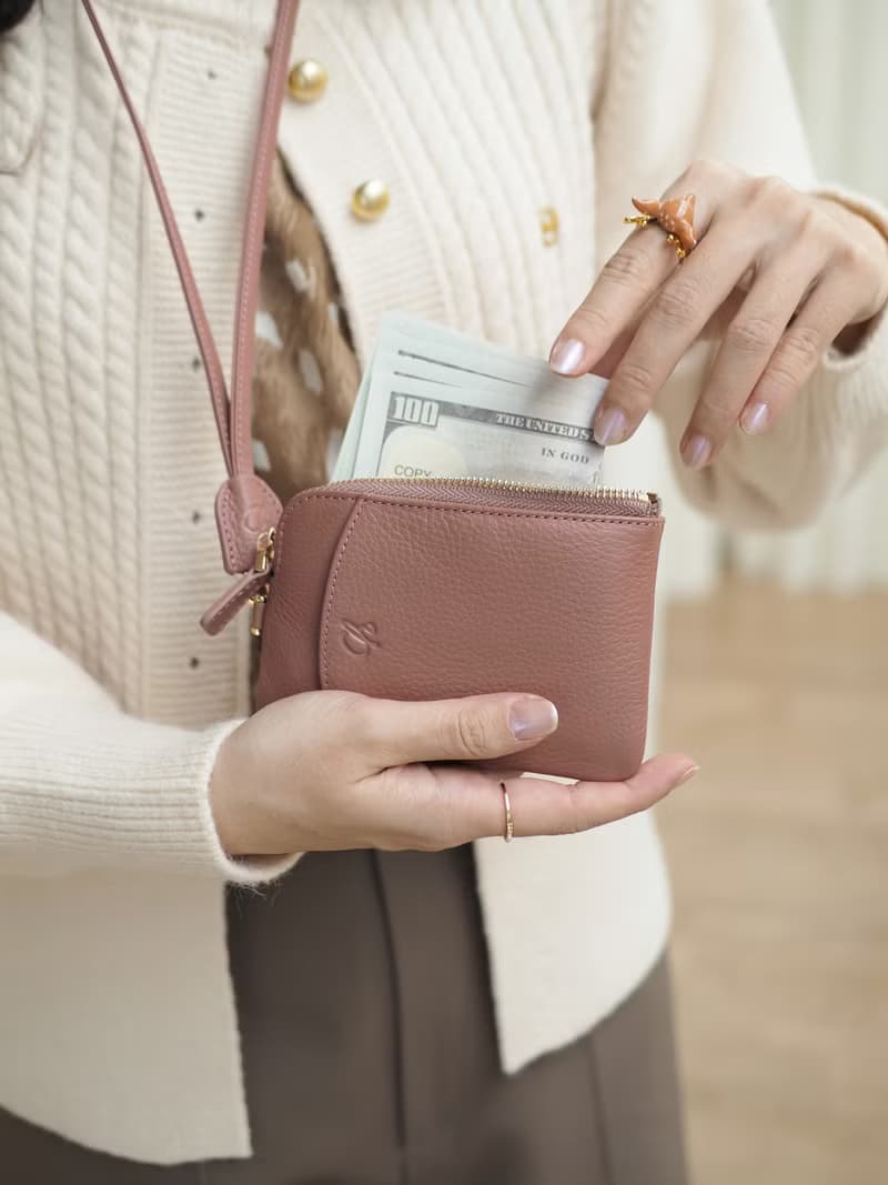 Flint (Tearose): Neck bag, Tiny pocket, Cow Leather, IDCard Holder,Zipper Pocket
