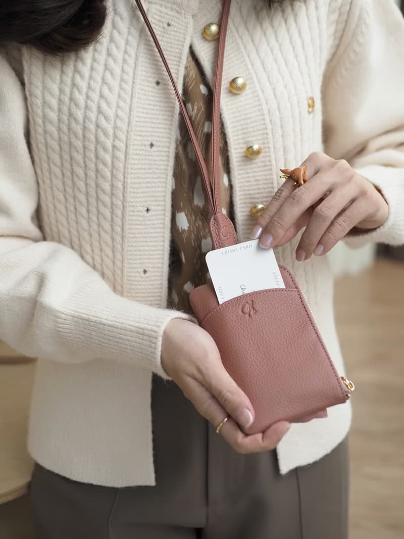 Flint (Tearose): Neck bag, Tiny pocket, Cow Leather, IDCard Holder,Zipper Pocket