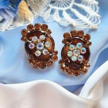 美國西洋古董飾品/ D&E Juliana琥珀色北極光鑽花夾式耳環