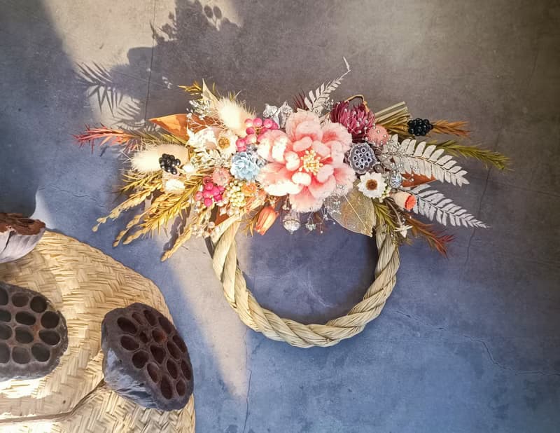 祈福注連繩掛飾 手工毛根牡丹花永生花開幕誌慶現貨