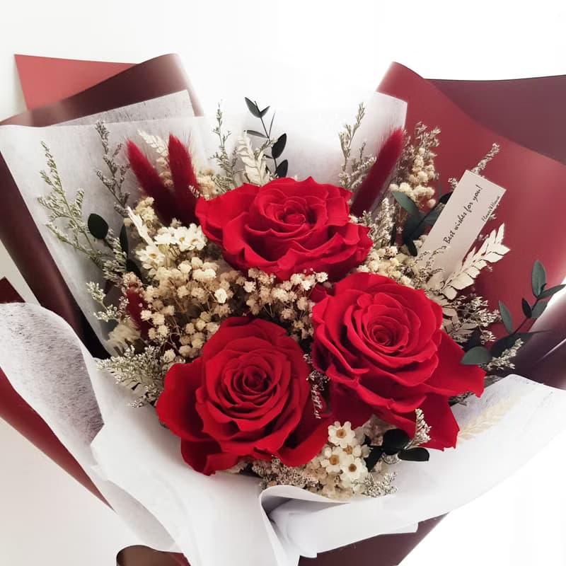 永生花+乾燥花│3朵永生紅玫瑰花束 情人節