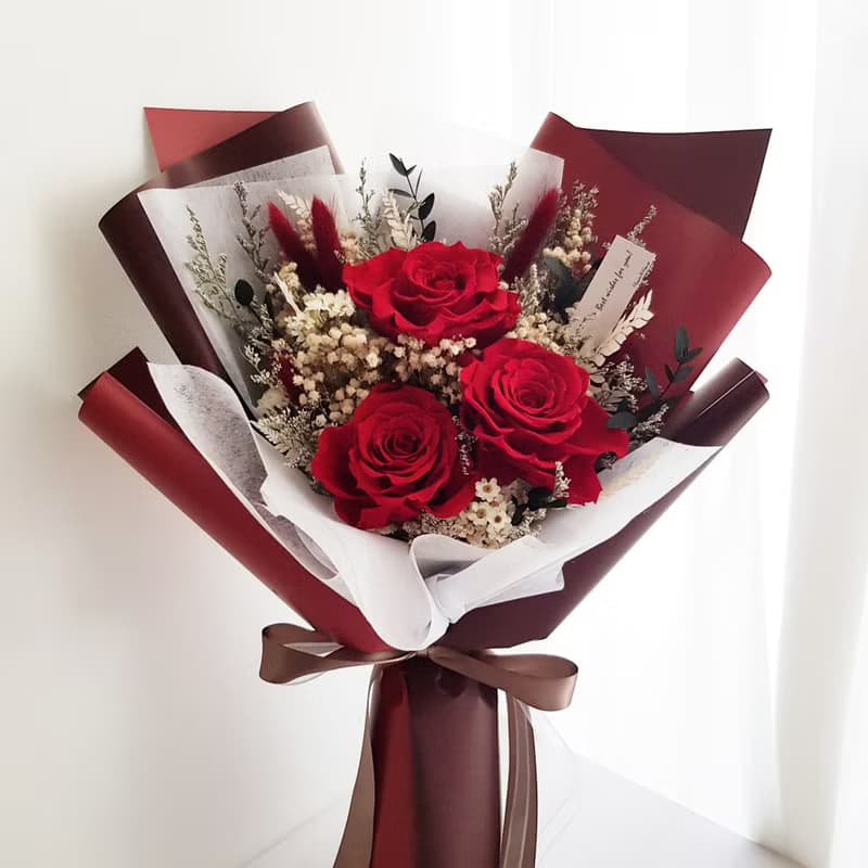 永生花+乾燥花│3朵永生紅玫瑰花束 情人節