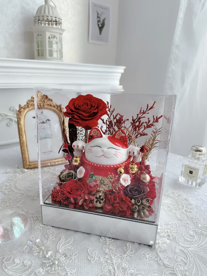 紅色招財貓開運永生花禮