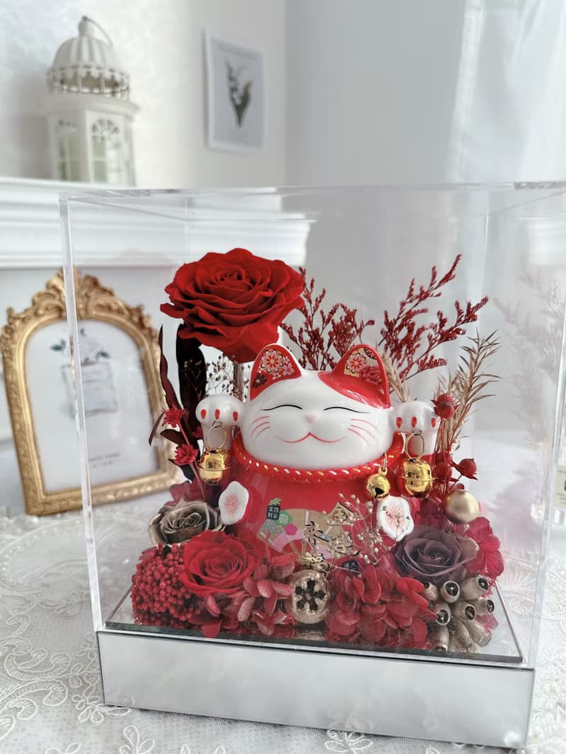 紅色招財貓開運永生花禮
