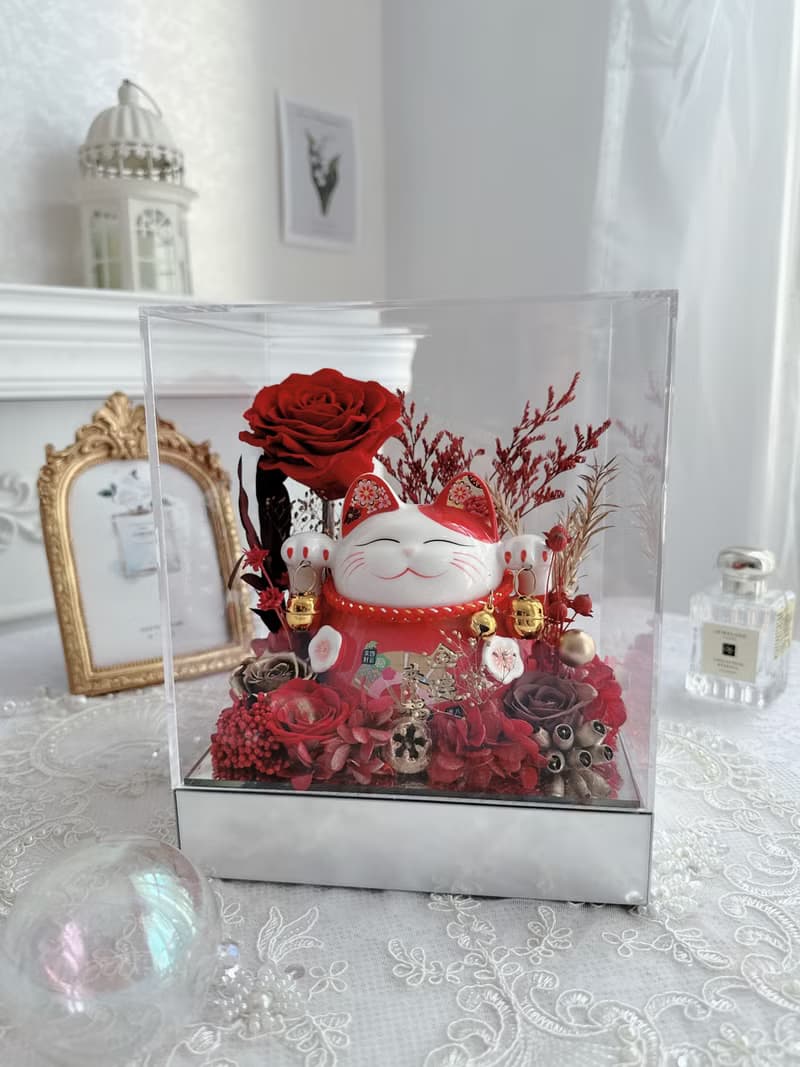 紅色招財貓開運永生花禮