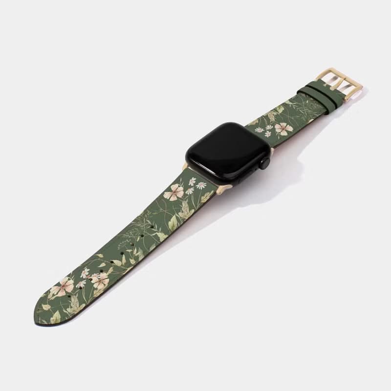 小白花圖案綠色蘋果錶帶 Apple Watch 4/5/6/7/8/9/10/SE/Ultra
