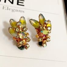 vintage jewelry  經典嫩黃配色極光萊茵花卉 夾式耳環