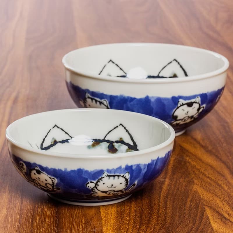 日本進口美濃燒釉下彩輕量型招財貓陶瓷日式中號飯碗麵碗湯碗菜缽