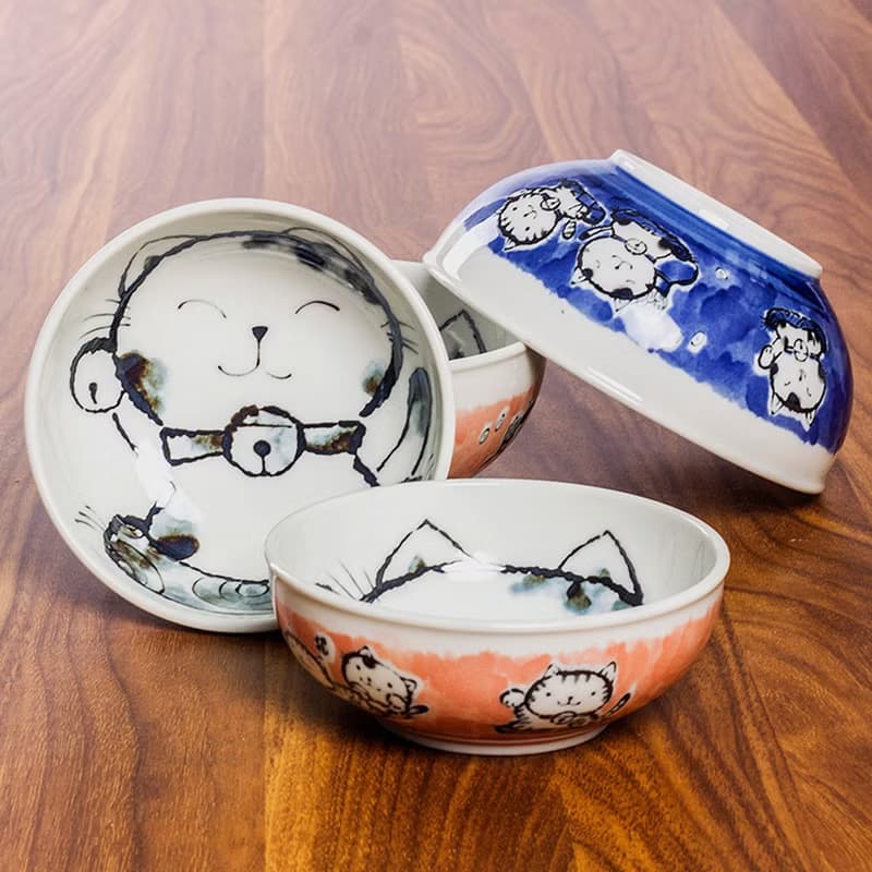 日本進口美濃燒釉下彩輕量型招財貓陶瓷日式中號飯碗麵碗湯碗菜缽