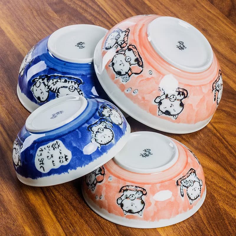 日本進口美濃燒釉下彩輕量型招財貓陶瓷日式中號飯碗麵碗湯碗菜缽
