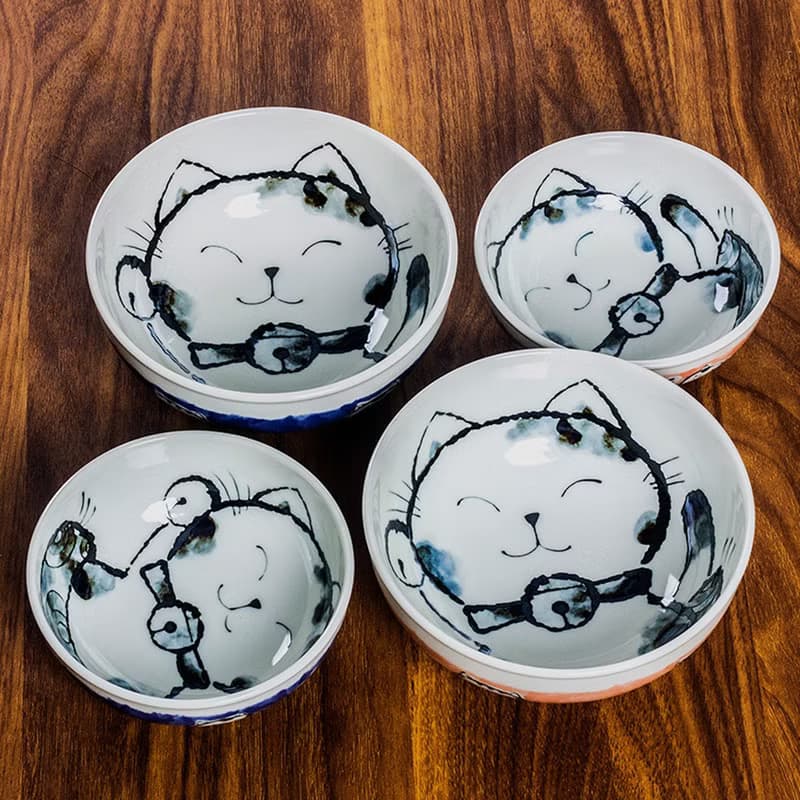 日本進口美濃燒釉下彩輕量型招財貓陶瓷日式中號飯碗麵碗湯碗菜缽