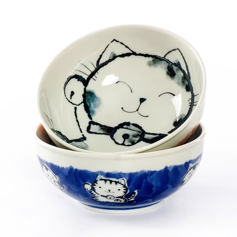 日本進口美濃燒釉下彩輕量型招財貓陶瓷日式中號飯碗麵碗湯碗菜缽