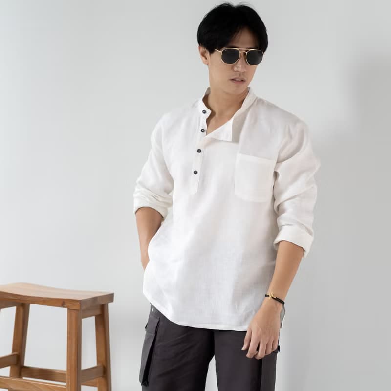 Blue & J Natural Linen Black Buttons Mandarin Right Align Collar Shirt - White