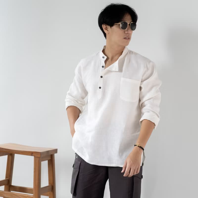 Blue & J Natural Linen Black Buttons Mandarin Right Align Collar Shirt - White