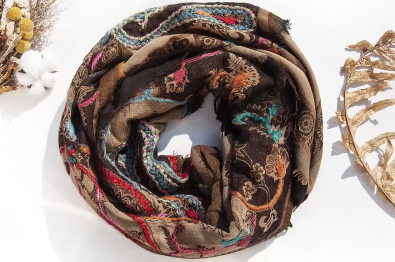喀什米爾Cashmere/水煮羊毛披肩/針織圍巾/刺繡圍巾/羊絨披巾-花