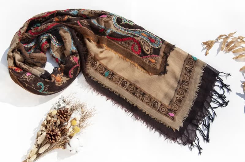 喀什米爾Cashmere/水煮羊毛披肩/針織圍巾/刺繡圍巾/羊絨披巾-花