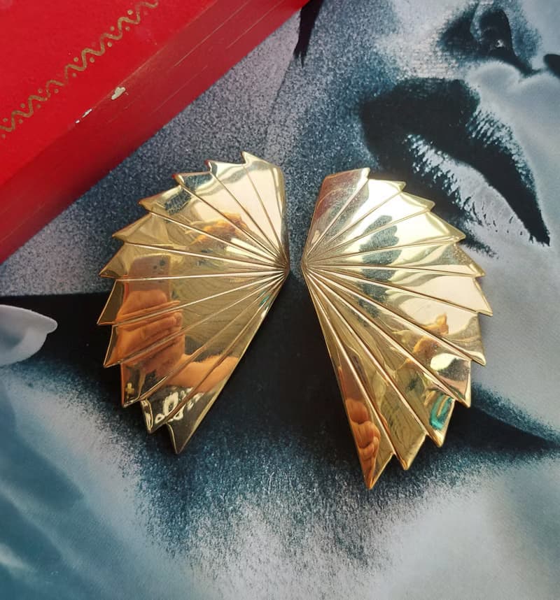 【西洋古董飾品 】金色調 對稱放射扇 大耳環 夾式耳環