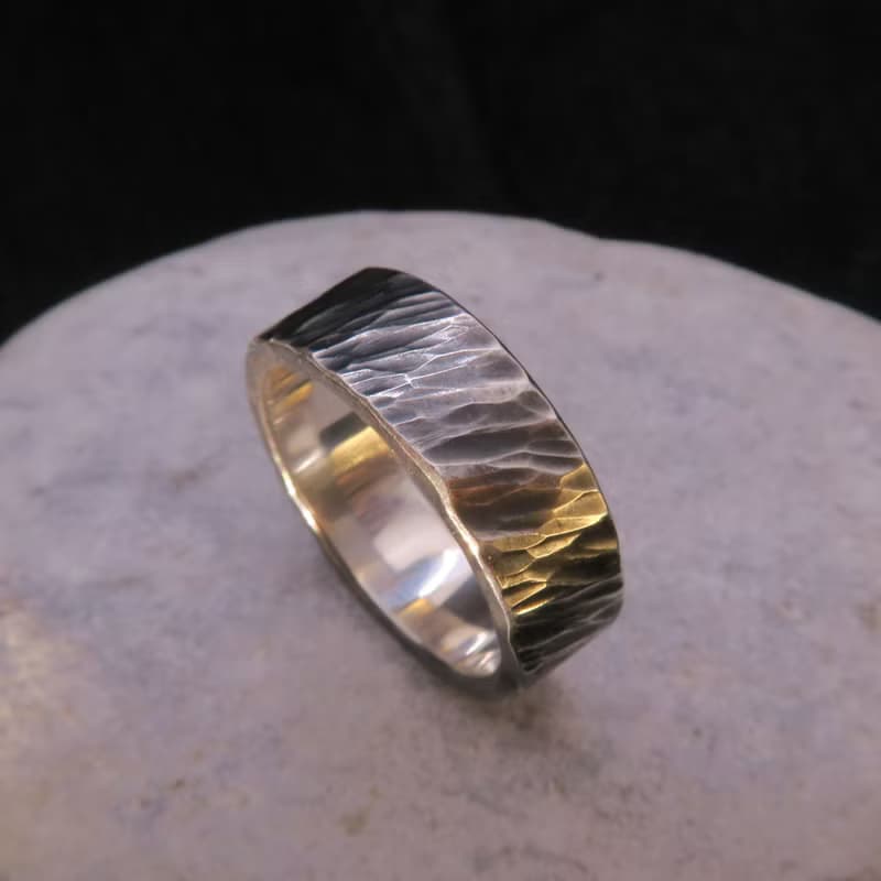 刻痕(黑) 純銀鍛敲戒指 - 寬約6.5mm - 可免費修改戒圍一次