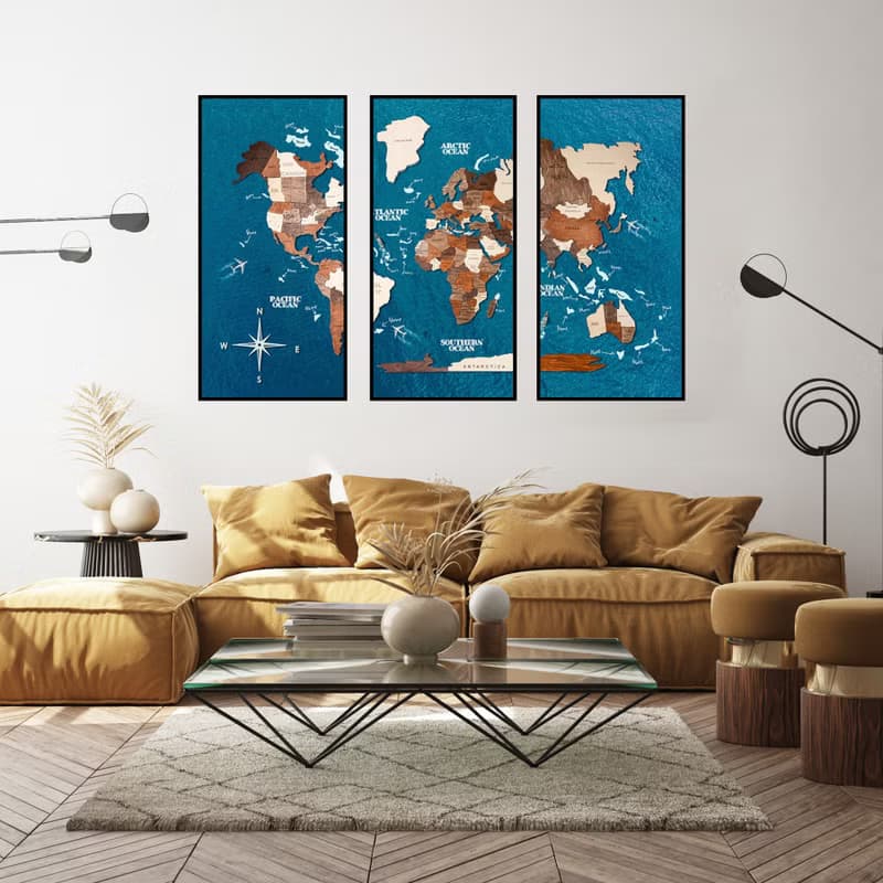 Framed Wall Art, Birthday Gift fot Girlfriend, 3D Travel Map, Tryptic Wall Art