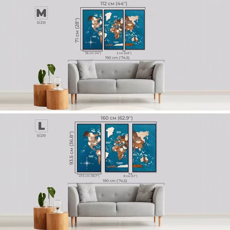 Framed Wall Art, Birthday Gift fot Girlfriend, 3D Travel Map, Tryptic Wall Art