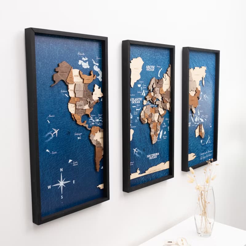 Framed Wall Art, Birthday Gift fot Girlfriend, 3D Travel Map, Tryptic Wall Art
