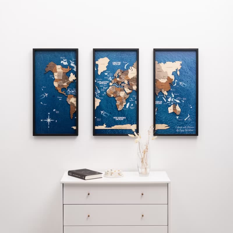 Framed Wall Art, Birthday Gift fot Girlfriend, 3D Travel Map, Tryptic Wall Art