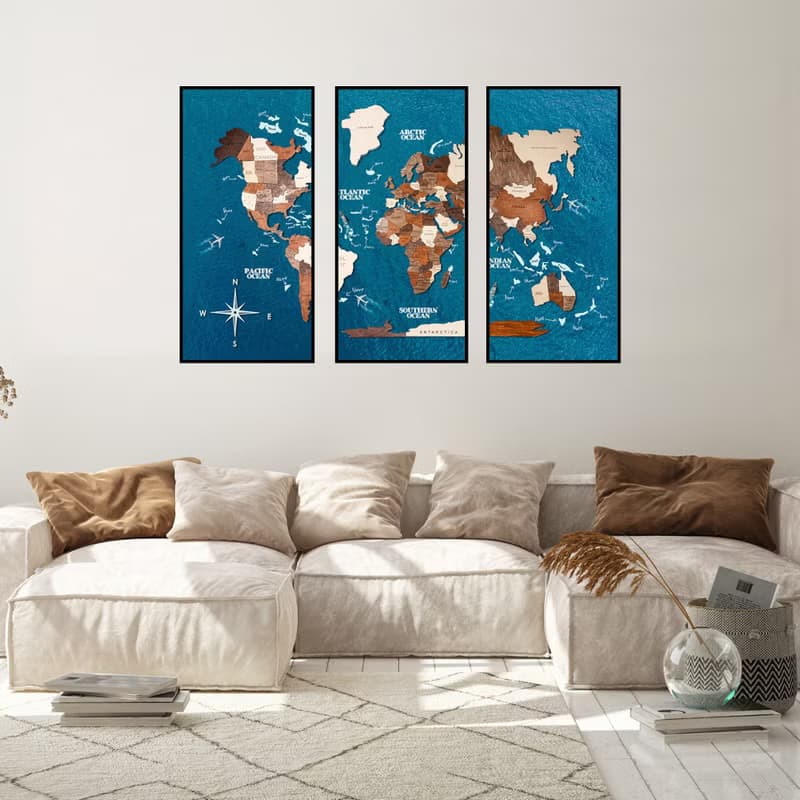 Framed Wall Art, Birthday Gift fot Girlfriend, 3D Travel Map, Tryptic Wall Art