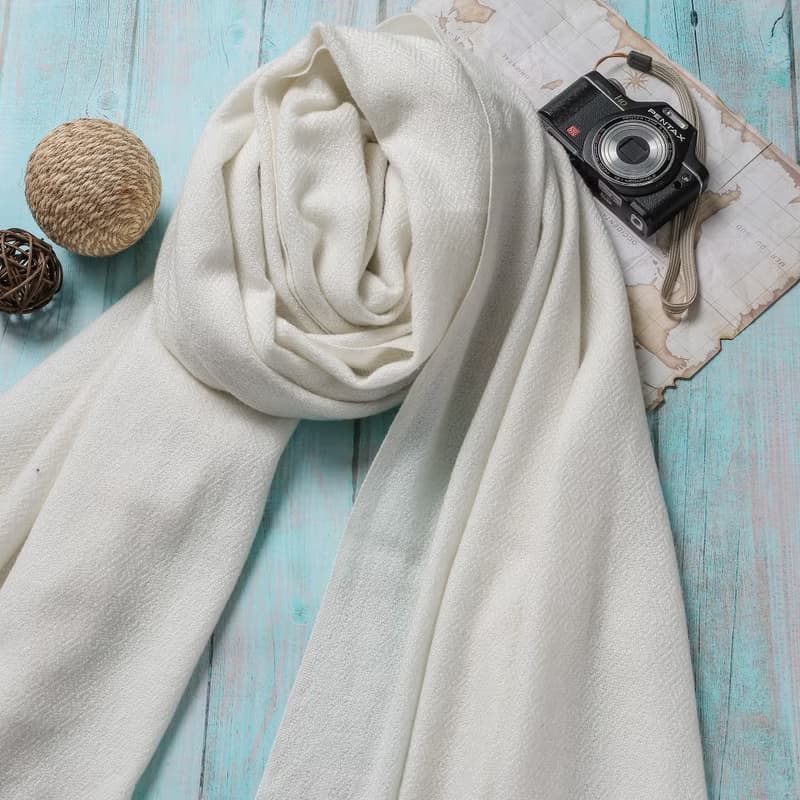 【厚款】喀什米爾羊毛圍巾/披肩  鑽石紋 皓白 手工機織