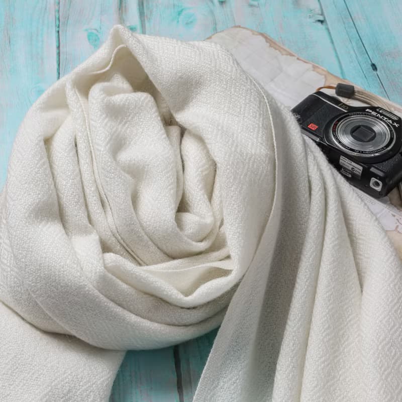 【厚款】喀什米爾羊毛圍巾/披肩  鑽石紋 皓白 手工機織