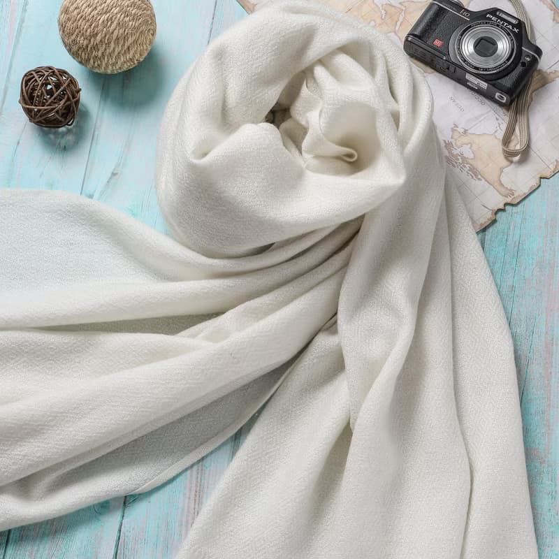 【厚款】喀什米爾羊毛圍巾/披肩  鑽石紋 皓白 手工機織