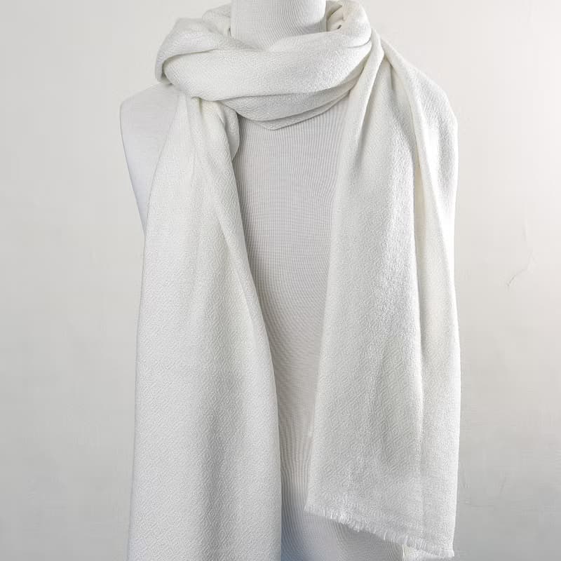 【厚款】喀什米爾羊毛圍巾/披肩  鑽石紋 皓白 手工機織