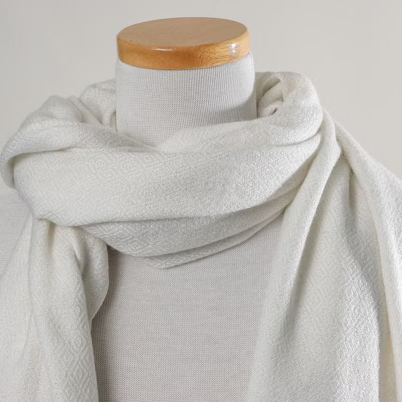 【厚款】喀什米爾羊毛圍巾/披肩  鑽石紋 皓白 手工機織