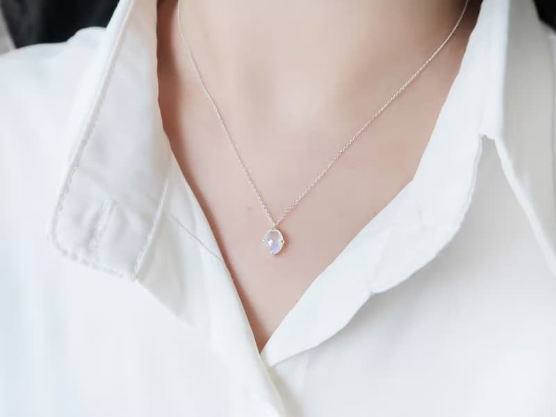 情人節禮物 925純銀 月光石 橢圓鑽切面爪鑲 項鍊 長鍊 免費包裝