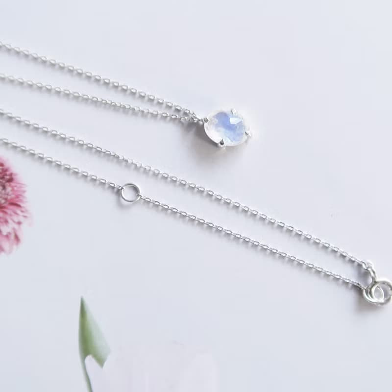 情人節禮物 925純銀 月光石 橢圓鑽切面爪鑲 項鍊 長鍊 免費包裝