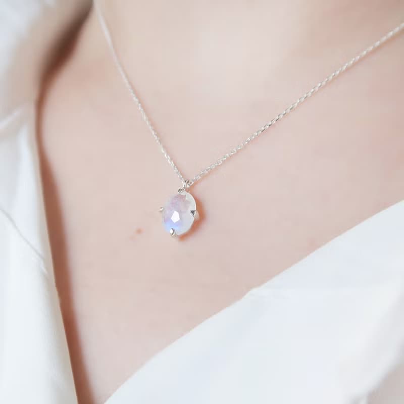 情人節禮物 925純銀 月光石 橢圓鑽切面爪鑲 項鍊 長鍊 免費包裝