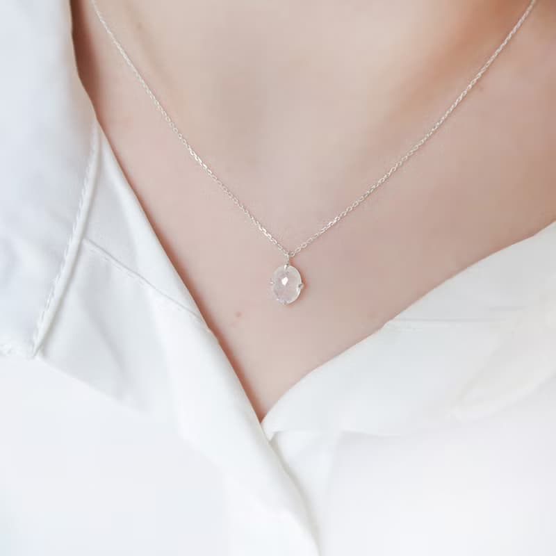 情人節禮物 925純銀 月光石 橢圓鑽切面爪鑲 項鍊 長鍊 免費包裝