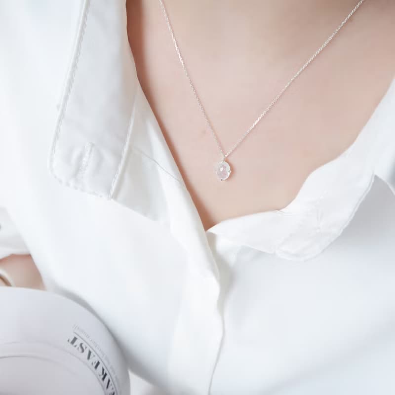 情人節禮物 925純銀 月光石 橢圓鑽切面爪鑲 項鍊 長鍊 免費包裝