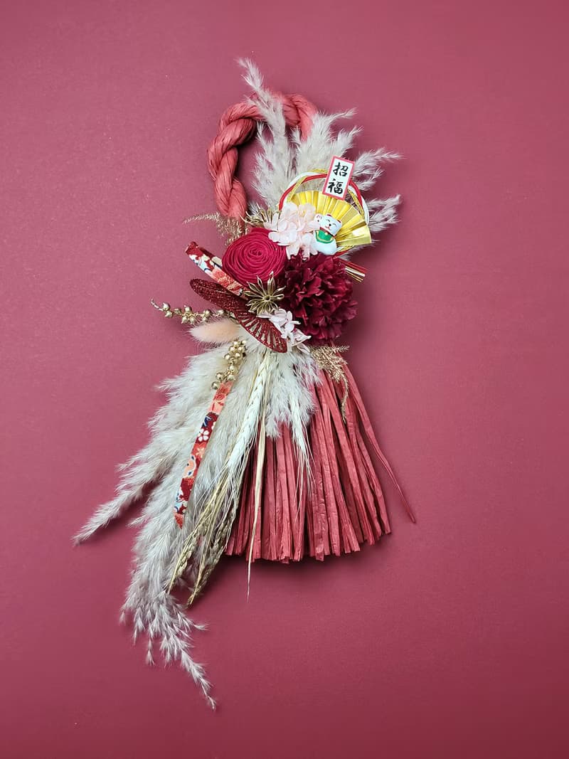 日式祈福紅注連繩-招福貓 永生乾燥花禮