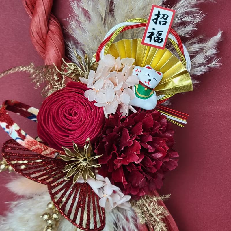 日式祈福紅注連繩-招福貓 永生乾燥花禮