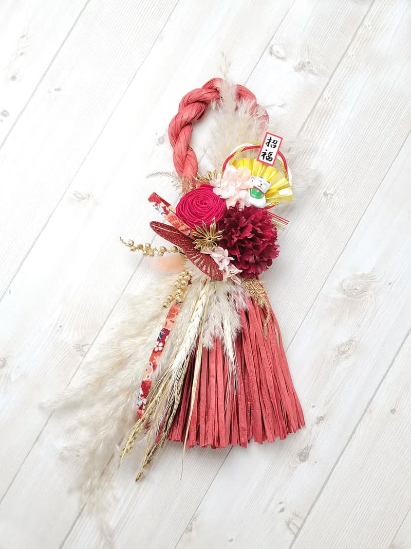 日式祈福紅注連繩-招福貓 永生乾燥花禮