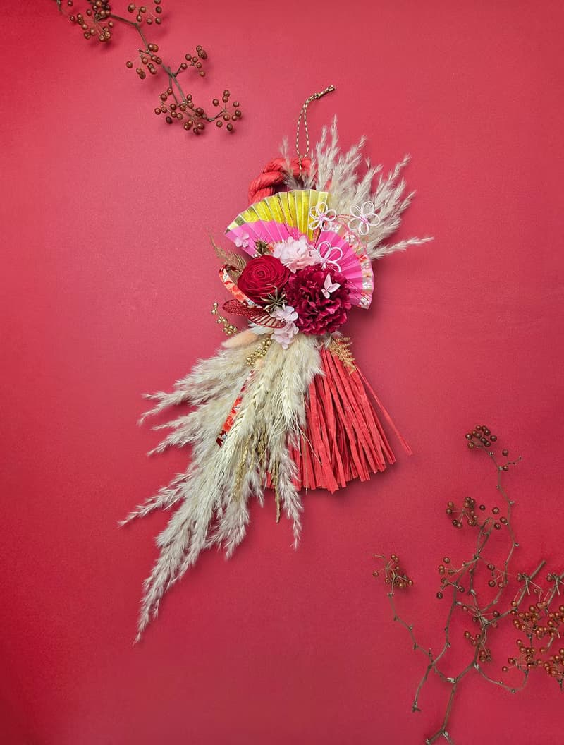 日式祈福紅注連繩-招福貓 永生乾燥花禮