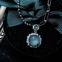 |神秘星空藍|A貨翡翠冰玻藍膠大蛋面9mm純銀鍍18k中性款項鍊