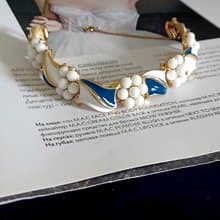 vintage jewelry  Trifari 古董藍白琺瑯珍珠花朵 手鍊