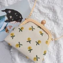 手工製作 黃色系刺繡小花 雛菊女生口金斜挎單肩包女生禮物