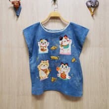 手工刺繡襯衫、棉織物、天然染料、貓、招財貓