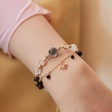 黑曼陀羅。滿絲黑髮晶 月光石 黑太陽石 14K包金 水晶礦石手鍊