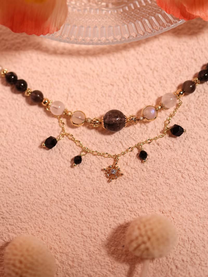 黑曼陀羅。滿絲黑髮晶 月光石 黑太陽石 14K包金 水晶礦石手鍊